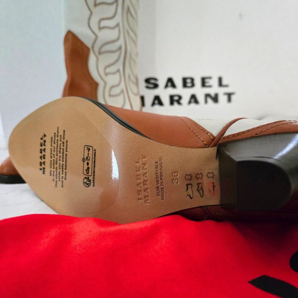Isabel Marant Two-Tone Tan and Cream Western Knee-High Heeled Boots - Picture 2 of 6